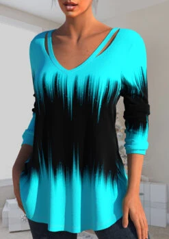 Plus Size Cyan Ombre Long Sleeve T Shirt -Rosewe Promotion Store 319791 P 1668406769178