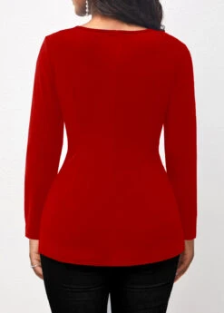 Red Surplice Cross Collar Long Sleeve T Shirt -Rosewe Promotion Store 319888 P 1673254571082