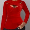 Red Surplice Cross Collar Long Sleeve T Shirt -Rosewe Promotion Store 319888 P 1673254571734