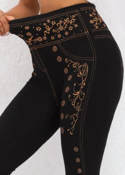 Ditsy Floral Print Black Elastic Waist Leggings -Rosewe Promotion Store 320031 P 16698997095474