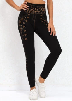 Ditsy Floral Print Black Elastic Waist Leggings -Rosewe Promotion Store 320031 P 16698997095703