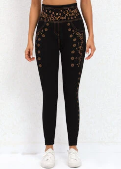 Ditsy Floral Print Black Elastic Waist Leggings -Rosewe Promotion Store 320031 P 16698997096462