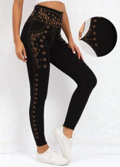 Ditsy Floral Print Black Elastic Waist Leggings