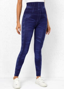 Printed Denim Blue High Waisted Leggings -Rosewe Promotion Store 320035 P 16687644472282