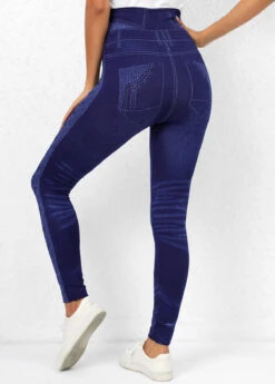 Printed Denim Blue High Waisted Leggings -Rosewe Promotion Store 320035 P 16687644473501