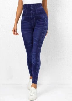 Printed Denim Blue High Waisted Leggings -Rosewe Promotion Store 320035 P 16687644473603