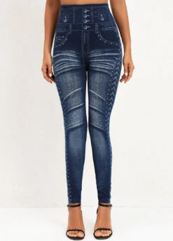 Denim Blue Elastic Waist High Waisted Leggings -Rosewe Promotion Store 320041 P 16698997171662