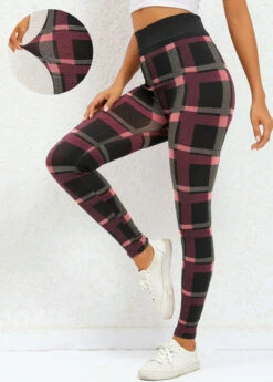 Plaid Deep Red Elastic Waist High Waisted Leggings