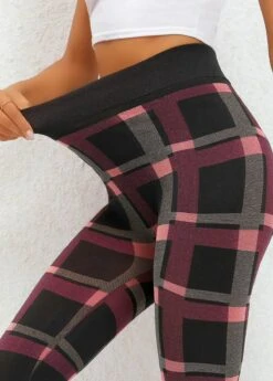 Plaid Deep Red Elastic Waist High Waisted Leggings -Rosewe Promotion Store 320042 P 16698076424494