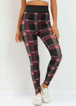 Plaid Deep Red Elastic Waist High Waisted Leggings -Rosewe Promotion Store 320042 P 16698076425732