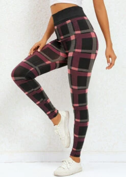 Plaid Deep Red Elastic Waist High Waisted Leggings -Rosewe Promotion Store 320042 P 16698076426143
