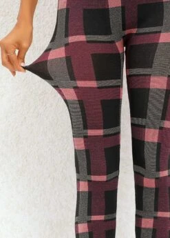 Plaid Deep Red Elastic Waist High Waisted Leggings -Rosewe Promotion Store 320042 P 16698076429135