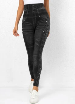 Black Beaded High Waisted Ankle Length Leggings -Rosewe Promotion Store 320052 P 16687644482203