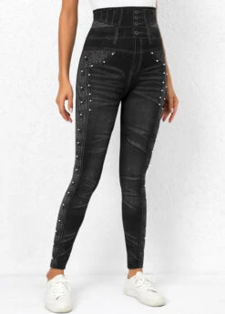 Black Beaded High Waisted Ankle Length Leggings -Rosewe Promotion Store 320052 P 16687644488902