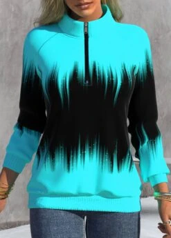 Ombre Zipper Cyan High Neck Long Sleeve Sweatshirt