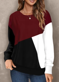 Red Round Neck Geometric Print Long Sleeve Sweatshirt -Rosewe Promotion Store 320118 P 1669616699449