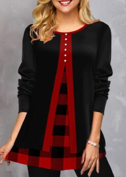 Plaid Fake 2in1 Red Round Neck Sweatshirt -Rosewe Promotion Store 320232 P 1668760602267