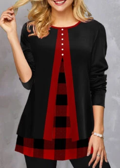Plaid Fake 2in1 Red Round Neck Sweatshirt