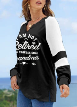 Letter Print V Neck Black Long Sleeve Sweatshirt -Rosewe Promotion Store 320237 P 1668753213048