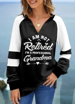 Letter Print V Neck Black Long Sleeve Sweatshirt
