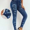 Floral Print Navy Elastic Waist High Waisted Leggings -Rosewe Promotion Store 320243 P 16698996368760