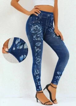 Floral Print Navy Elastic Waist High Waisted Leggings