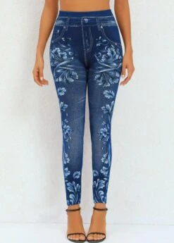 Floral Print Navy Elastic Waist High Waisted Leggings -Rosewe Promotion Store 320243 P 16698996373372