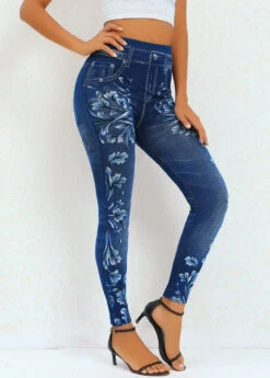 Floral Print Navy Elastic Waist High Waisted Leggings -Rosewe Promotion Store 320243 P 16698996374114