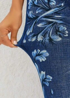 Floral Print Navy Elastic Waist High Waisted Leggings -Rosewe Promotion Store 320243 P 16698996377085