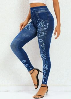 Floral Print Navy Elastic Waist High Waisted Leggings -Rosewe Promotion Store 320243 P 16698996379533