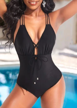 Tie Front Criss Cross Black One Piece Swimwear -Rosewe Promotion Store 320272 P 16722762940964