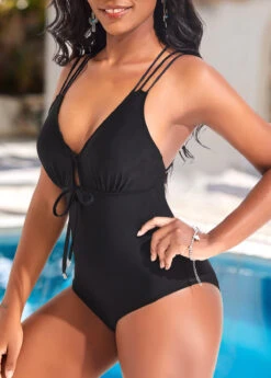 Tie Front Criss Cross Black One Piece Swimwear -Rosewe Promotion Store 320272 P 16722762942292