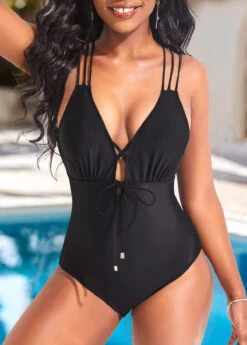 Tie Front Criss Cross Black One Piece Swimwear