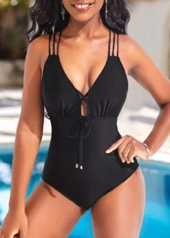 Tie Front Criss Cross Black One Piece Swimwear -Rosewe Promotion Store 320272 P 16722762947243