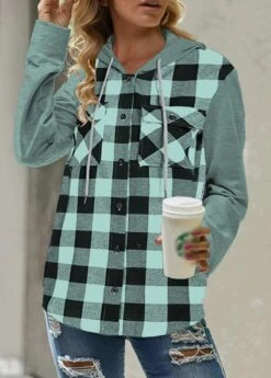 Plaid Pocket Mint Green Long Sleeve Hoodie -Rosewe Promotion Store 320404 P 1669104417177