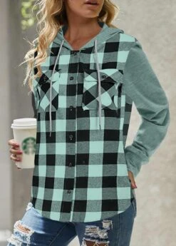 Plaid Pocket Mint Green Long Sleeve Hoodie