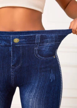 Blue Elastic Waist High Waisted Ankle Length Leggings -Rosewe Promotion Store 320475 P 16693702367965