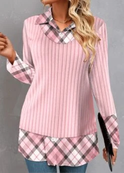 Plaid Fake 2in1 Pink Shirt Collar Blouse -Rosewe Promotion Store 320496 P 1669189830379