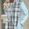 Plaid Button Blue Cowl Neck Long Sleeve Sweatshirt -Rosewe Promotion Store 320574 P 1669271136663