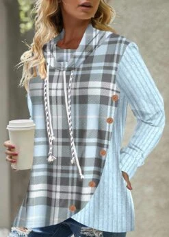 Plaid Button Blue Cowl Neck Long Sleeve Sweatshirt