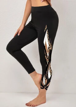 Leopard Black Elastic Waist Ankle Length Leggings