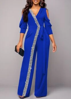 Royal Blue Sequin V Neck Jumpsuit 9 Royal Blue Sequin V Neck Jumpsuit -Rosewe Promotion Store 320703 P 16696022436513