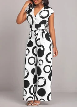 Geometric Print Belted White V Neck Jumpsuit -Rosewe Promotion Store 320715 P 16752180942692