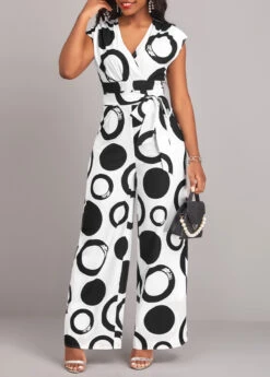 Geometric Print Belted White V Neck Jumpsuit