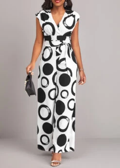 Geometric Print Belted White V Neck Jumpsuit -Rosewe Promotion Store 320715 P 16752180949513