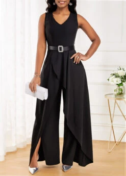 Black Long V Neck Sleeveless Jumpsuit