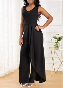 Black Long V Neck Sleeveless Jumpsuit -Rosewe Promotion Store 320731 P 16733506313522