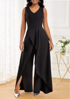 Black Long V Neck Sleeveless Jumpsuit -Rosewe Promotion Store 320731 P 16733506314143
