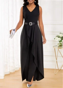 Black Long V Neck Sleeveless Jumpsuit -Rosewe Promotion Store 320731 P 16733506315054
