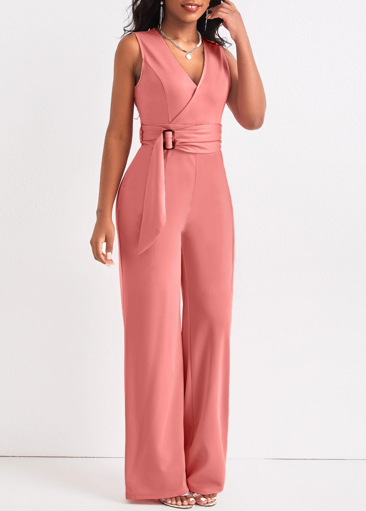 Tie Belted Dusty Pink Long V Neck Jumpsuit 7 Tie Belted Dusty Pink Long V Neck Jumpsuit - Image 5
